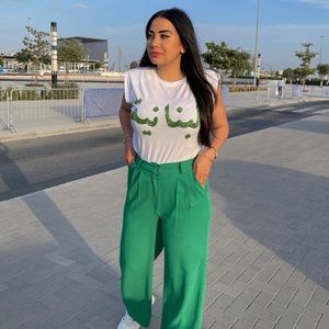 Green pants with elastic waistband